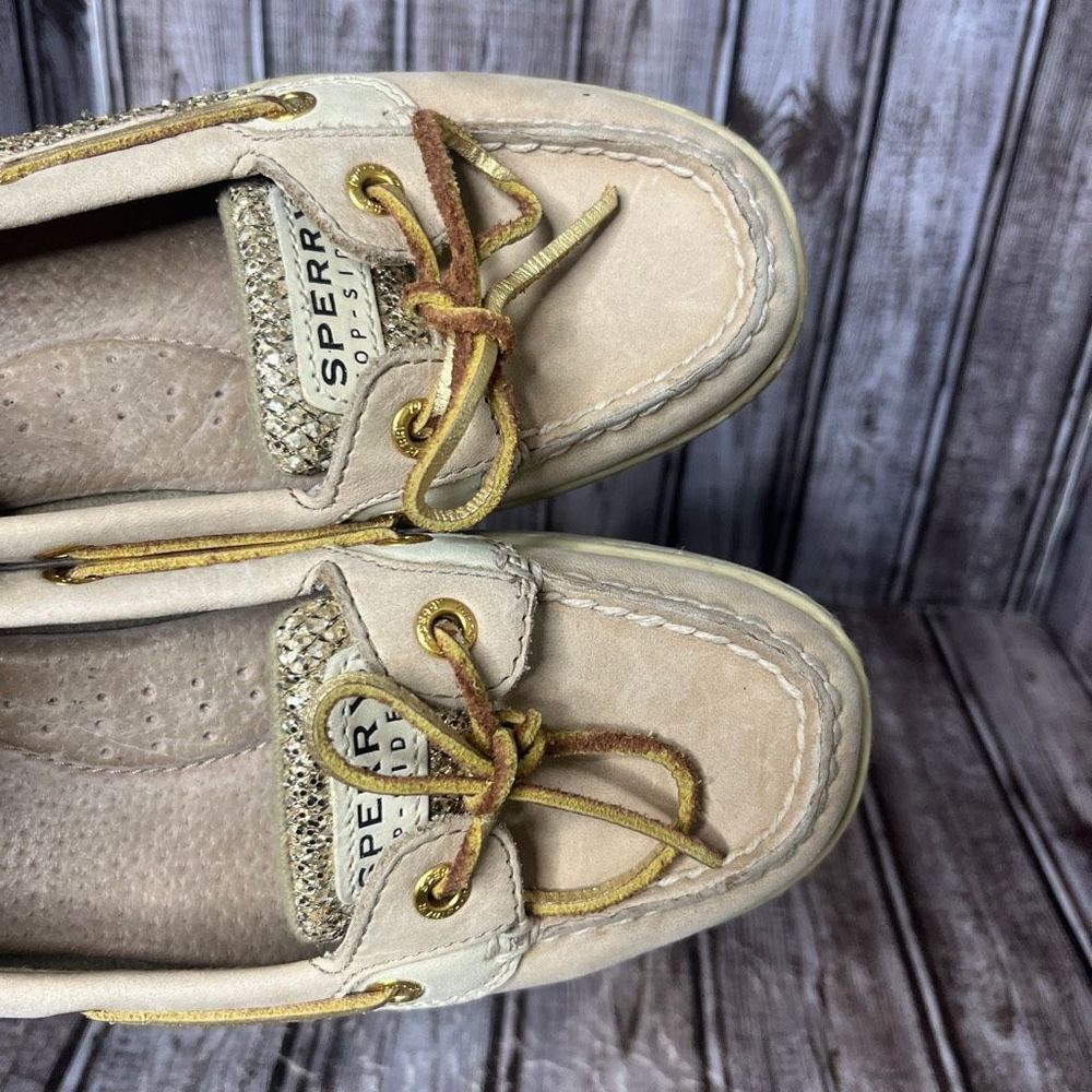 Sperry Women’s Boat Shoe Nautical Slip On Leather Gold Shimmery Shoes 7